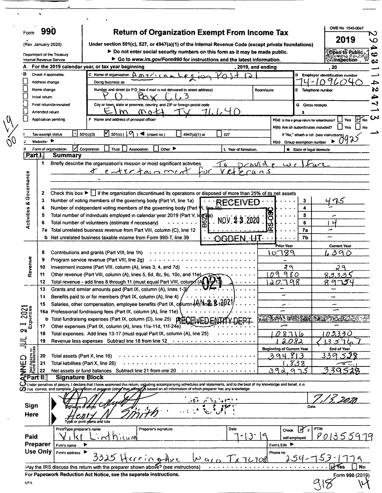 Image of first page of 2019 Form 990O for American Legion Post 121