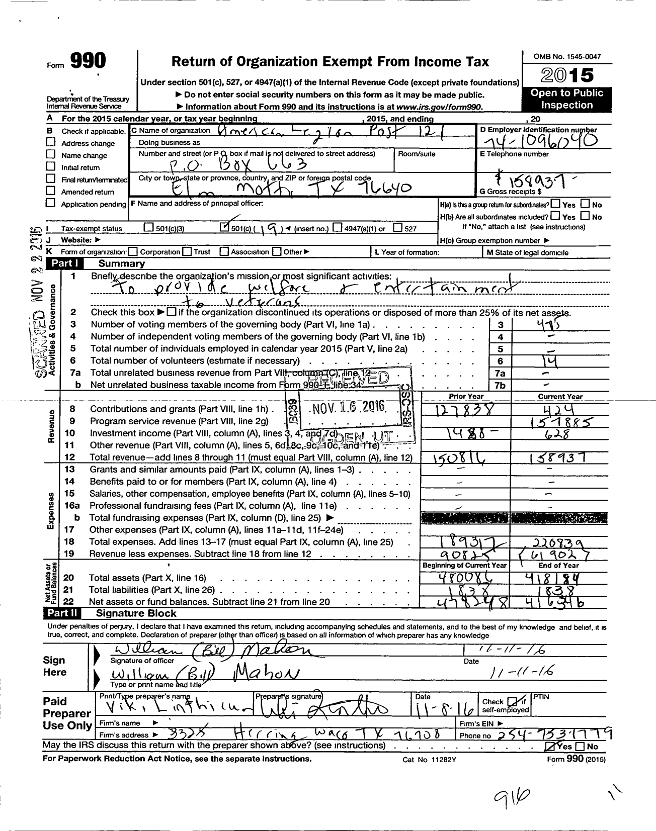 Image of first page of 2015 Form 990O for American Legion Post 121