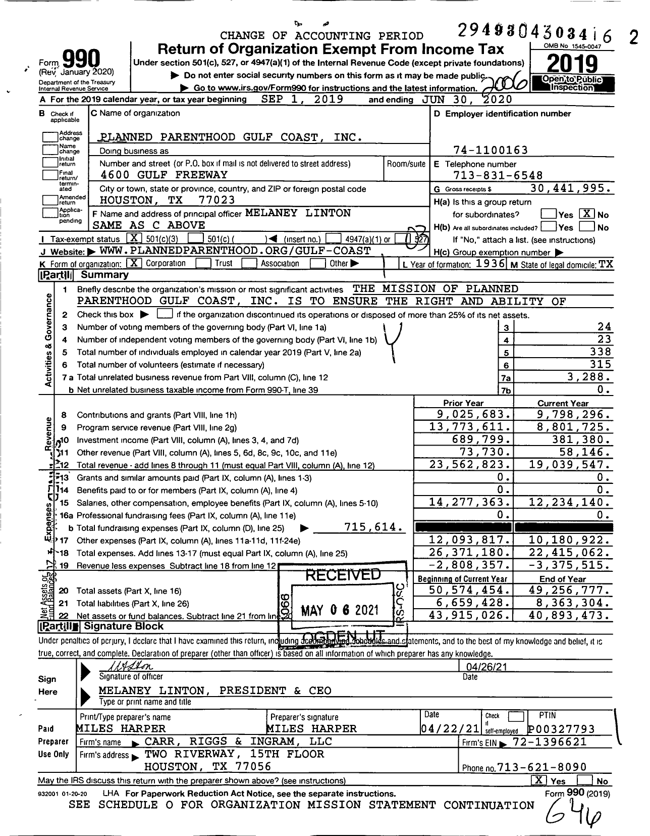 Image of first page of 2019 Form 990 for Planned Parenthood Gulf Coast