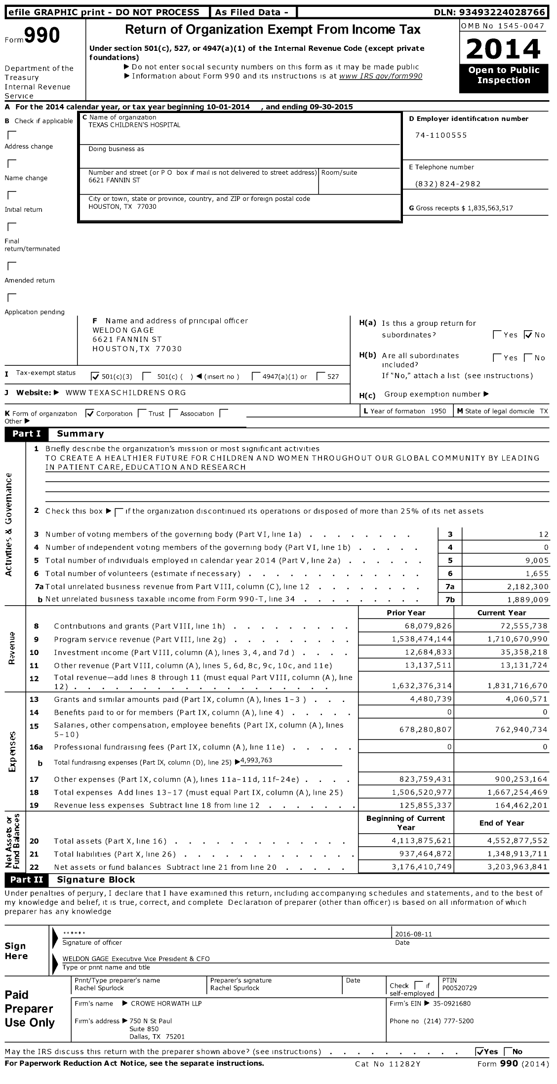 Image of first page of 2014 Form 990 for Texas Children's Hospital (TCS)