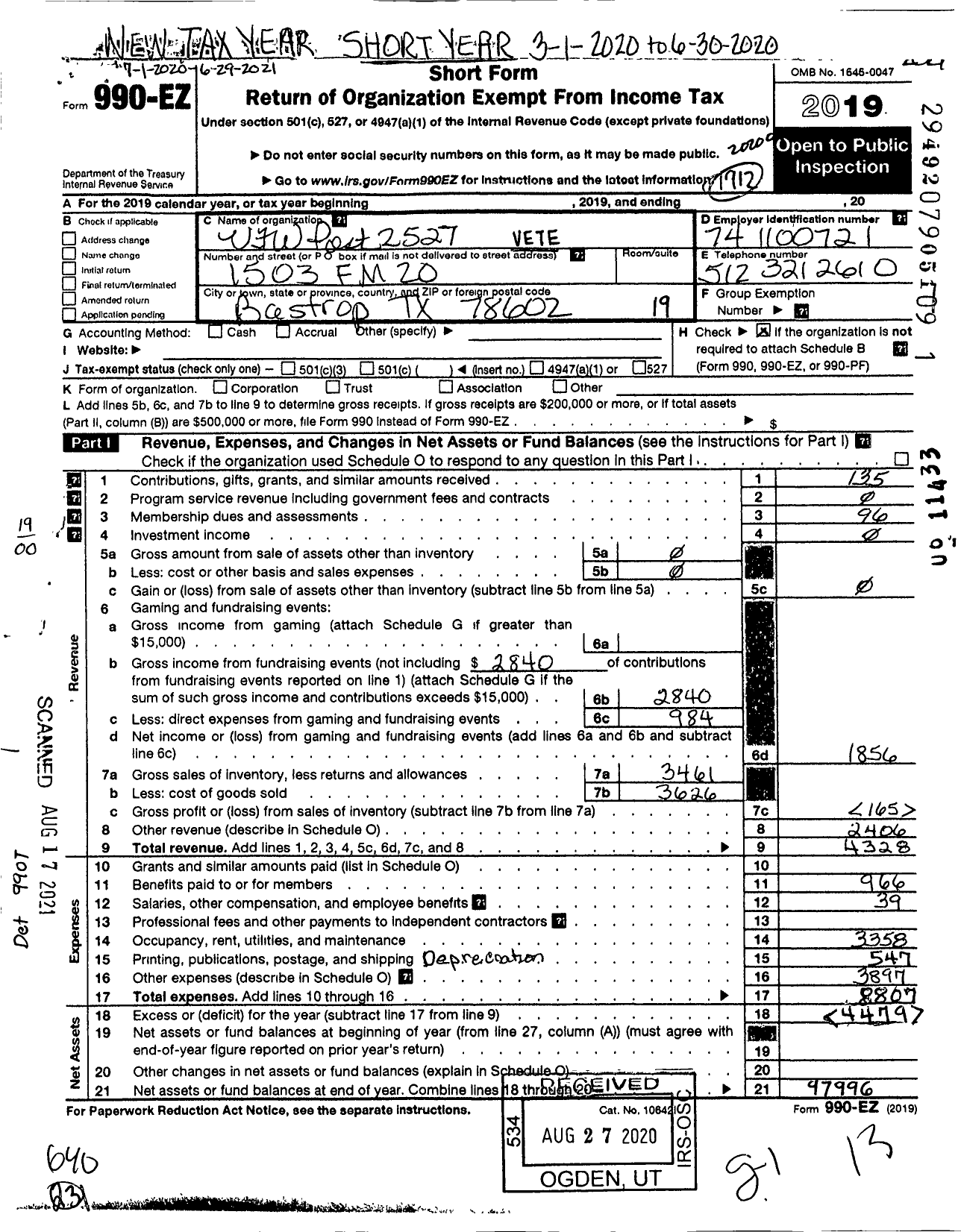 Image of first page of 2019 Form 990EO for Texas VFW - 2527 Ernest Bartsch