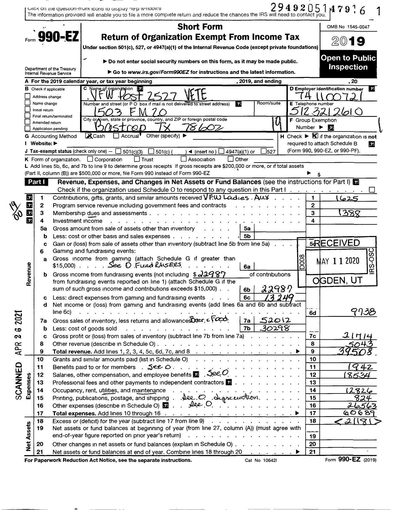 Image of first page of 2019 Form 990EO for Texas VFW - 2527 Ernest Bartsch