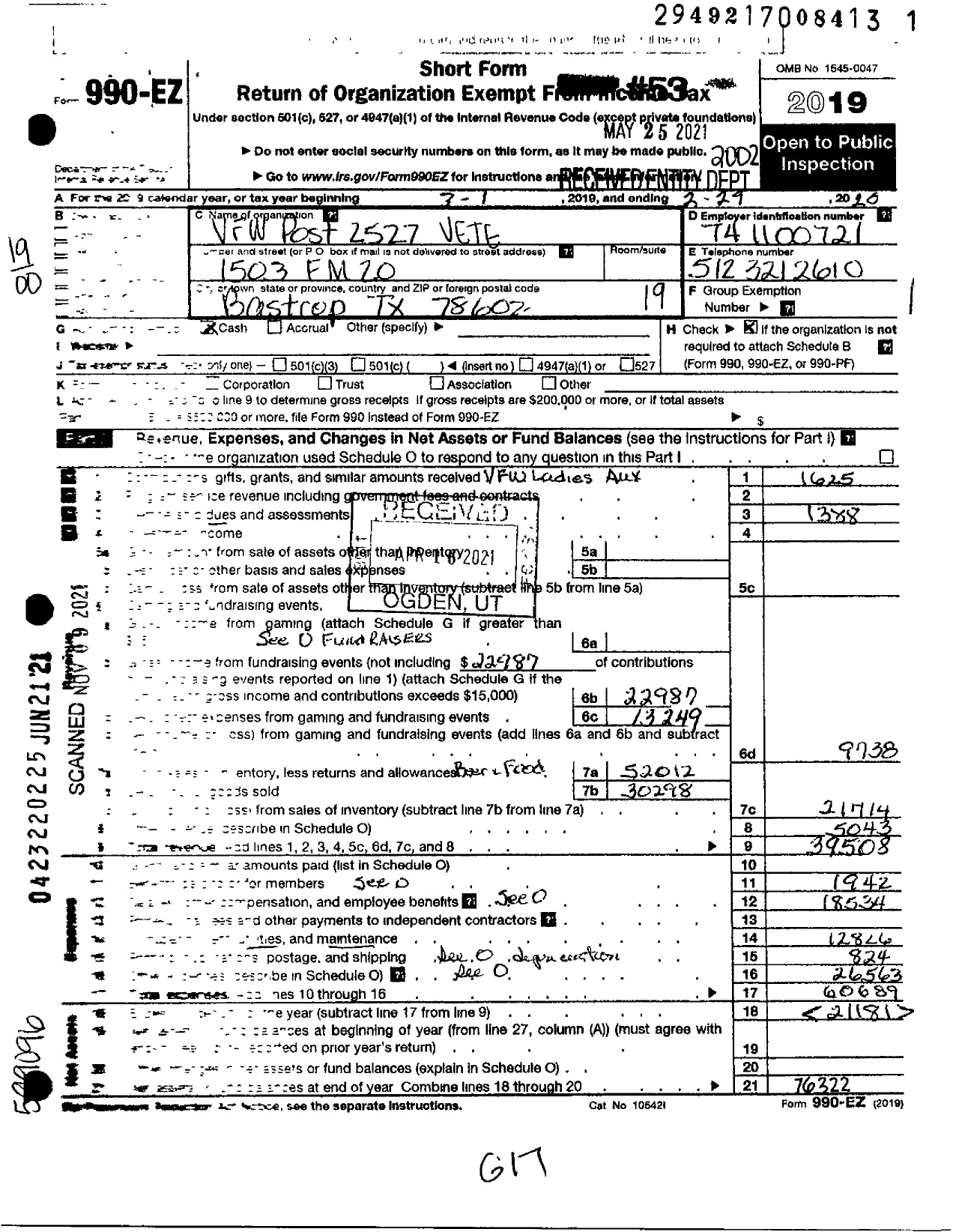 Image of first page of 2019 Form 990EO for Texas VFW - 2527 Ernest Bartsch