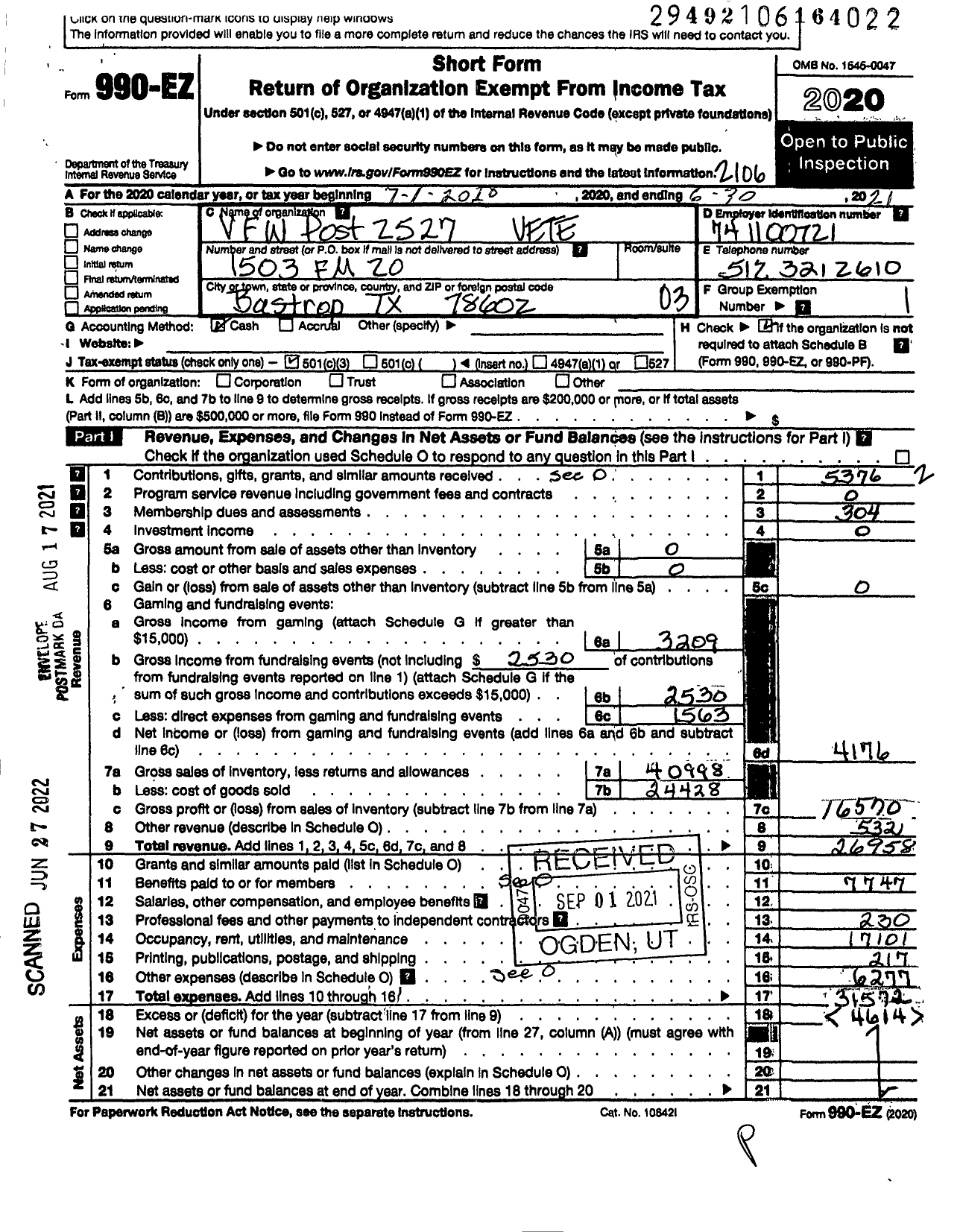 Image of first page of 2020 Form 990EZ for Texas VFW - 2527 Ernest Bartsch