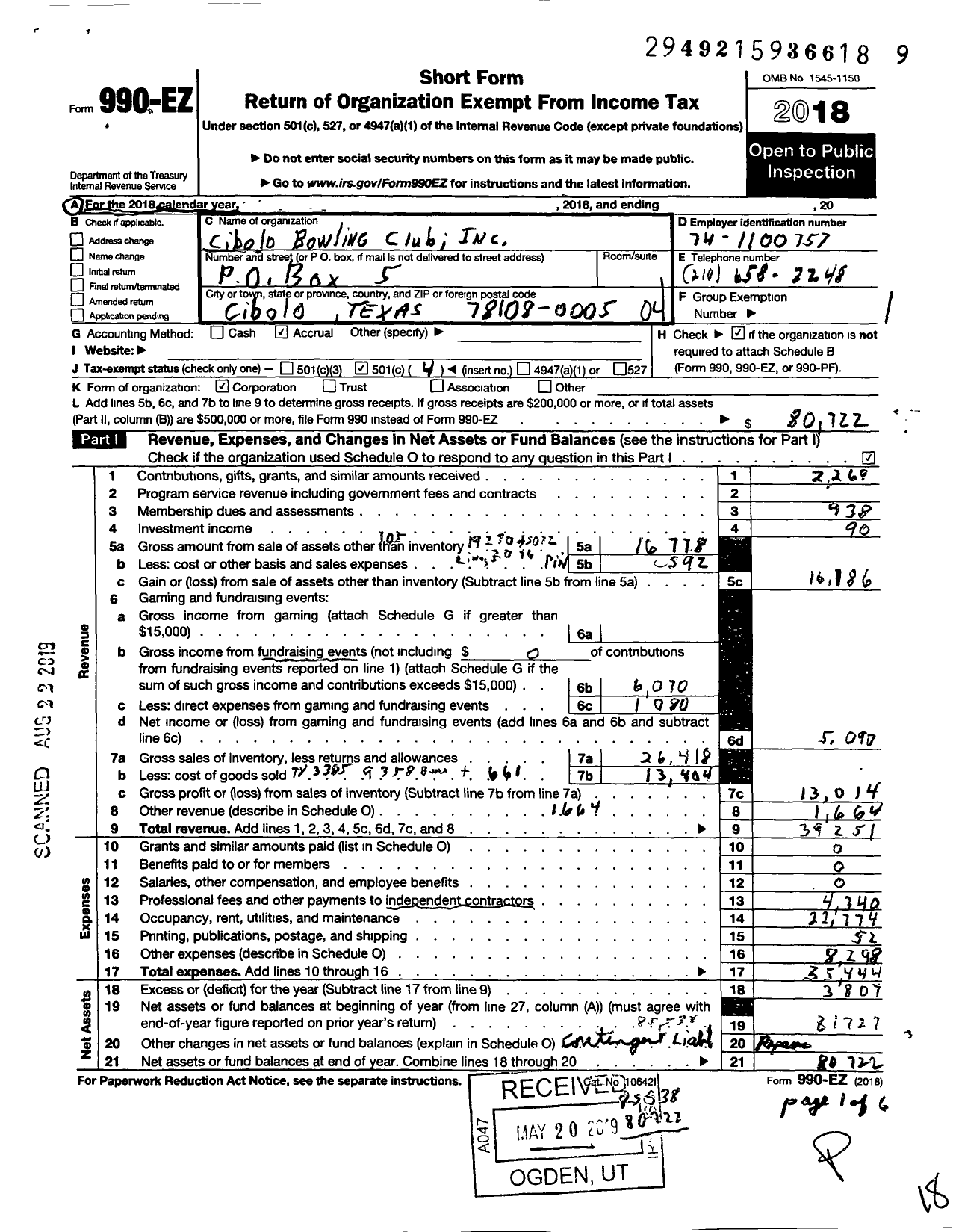 Image of first page of 2018 Form 990EO for Cibolo Bowling Club