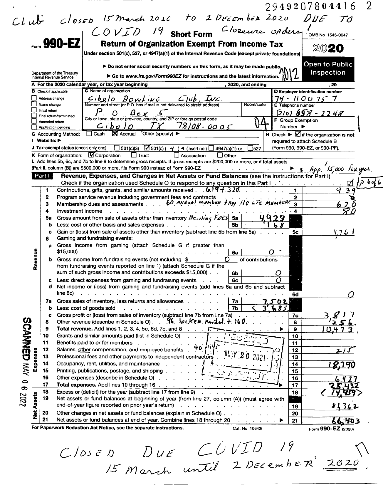 Image of first page of 2020 Form 990EO for Cibolo Bowling Club