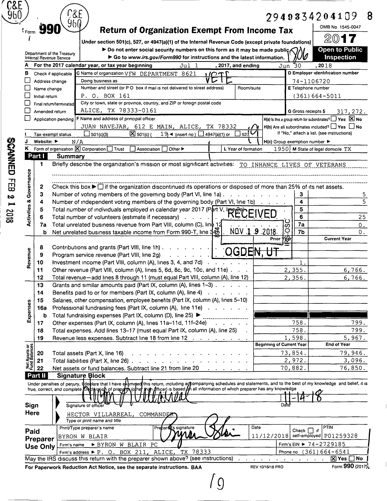 Image of first page of 2017 Form 990O for Texas VFW - 8621 Alice Memorial
