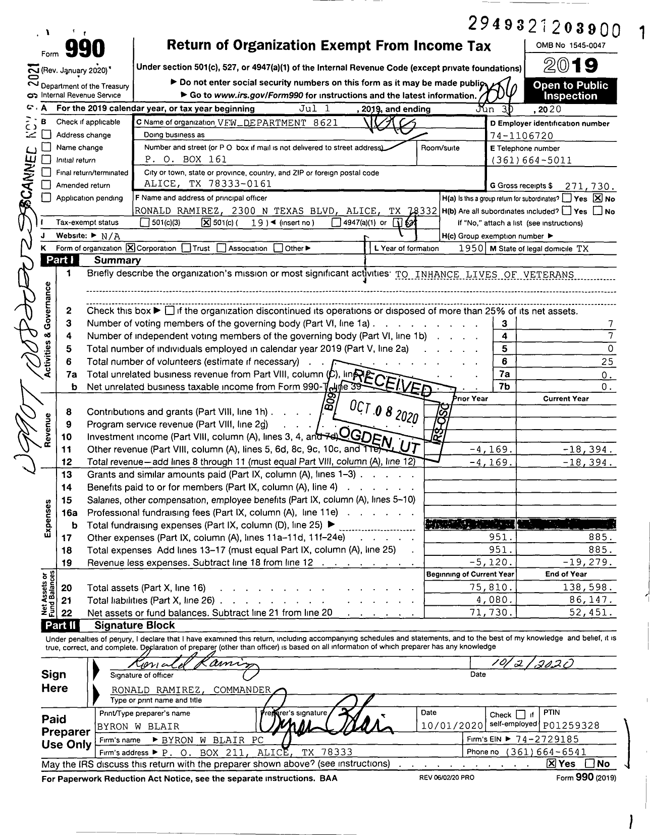 Image of first page of 2019 Form 990O for Texas VFW - 8621 Alice Memorial