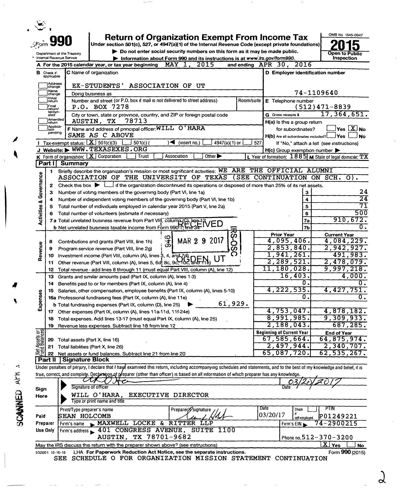 Image of first page of 2015 Form 990 for Ex-Students Association of The University of Texas