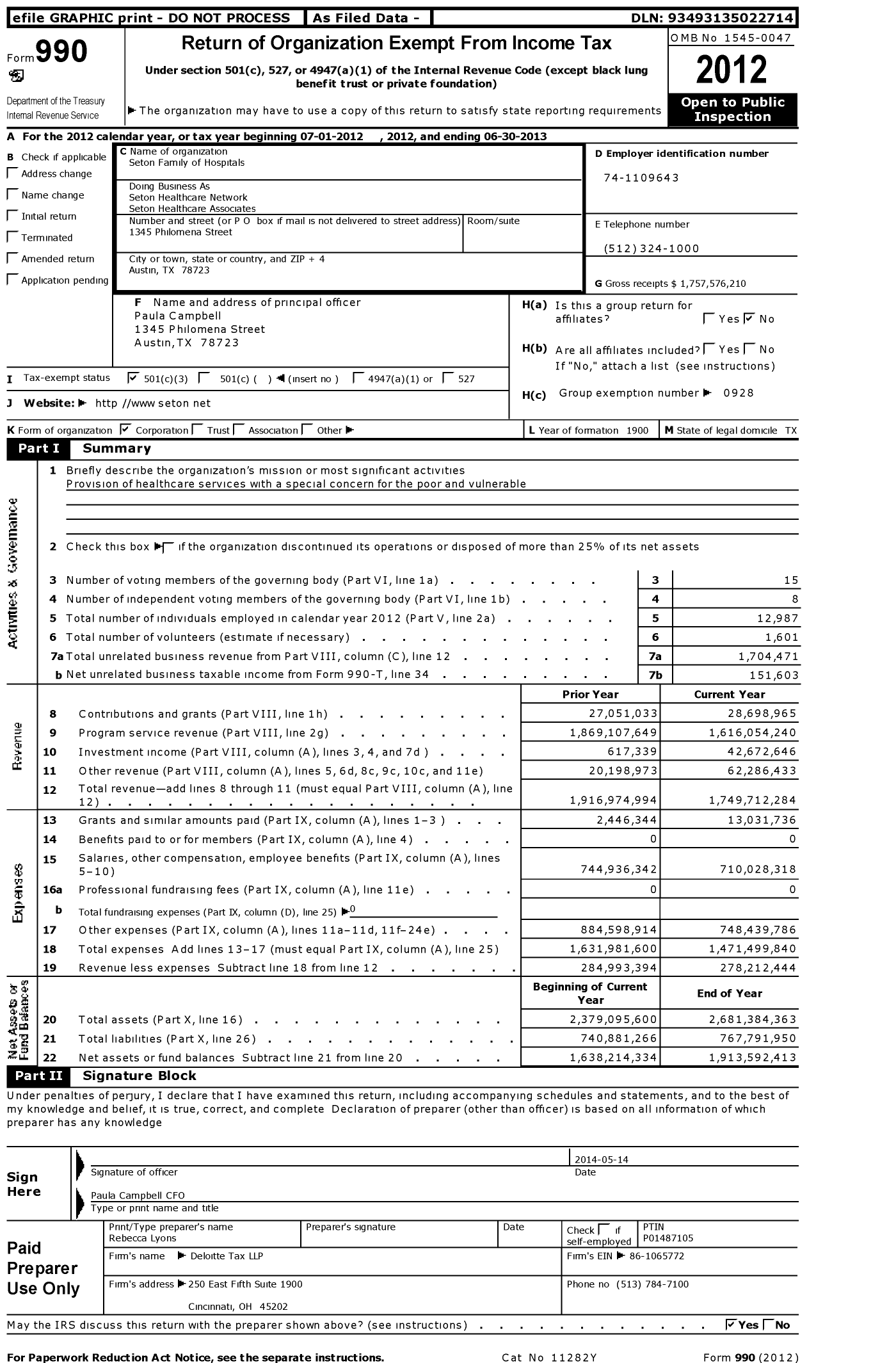 Image of first page of 2012 Form 990 for Ascension Seton