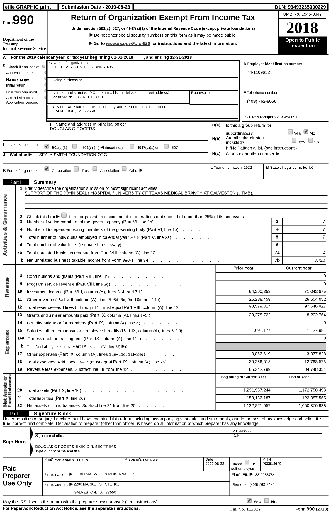Image of first page of 2018 Form 990 for Sealy and Smith Foundation