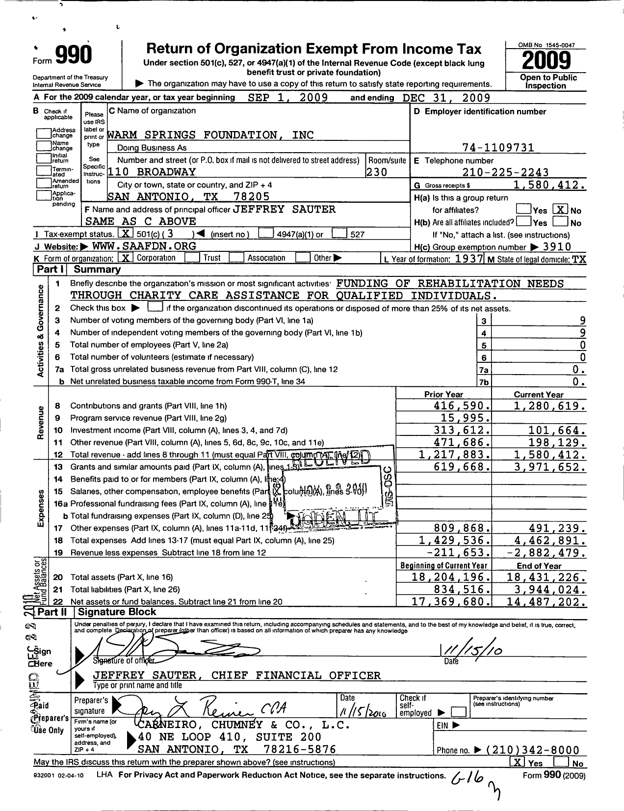 Image of first page of 2009 Form 990 for Warm Springs Foundation