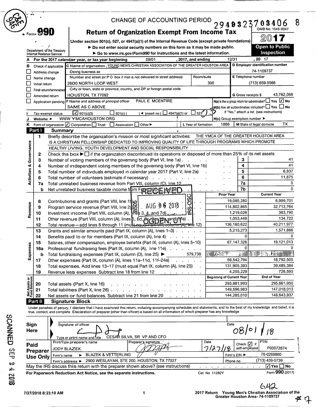 Image of first page of 2017 Form 990 for YMCA of Greater Houston