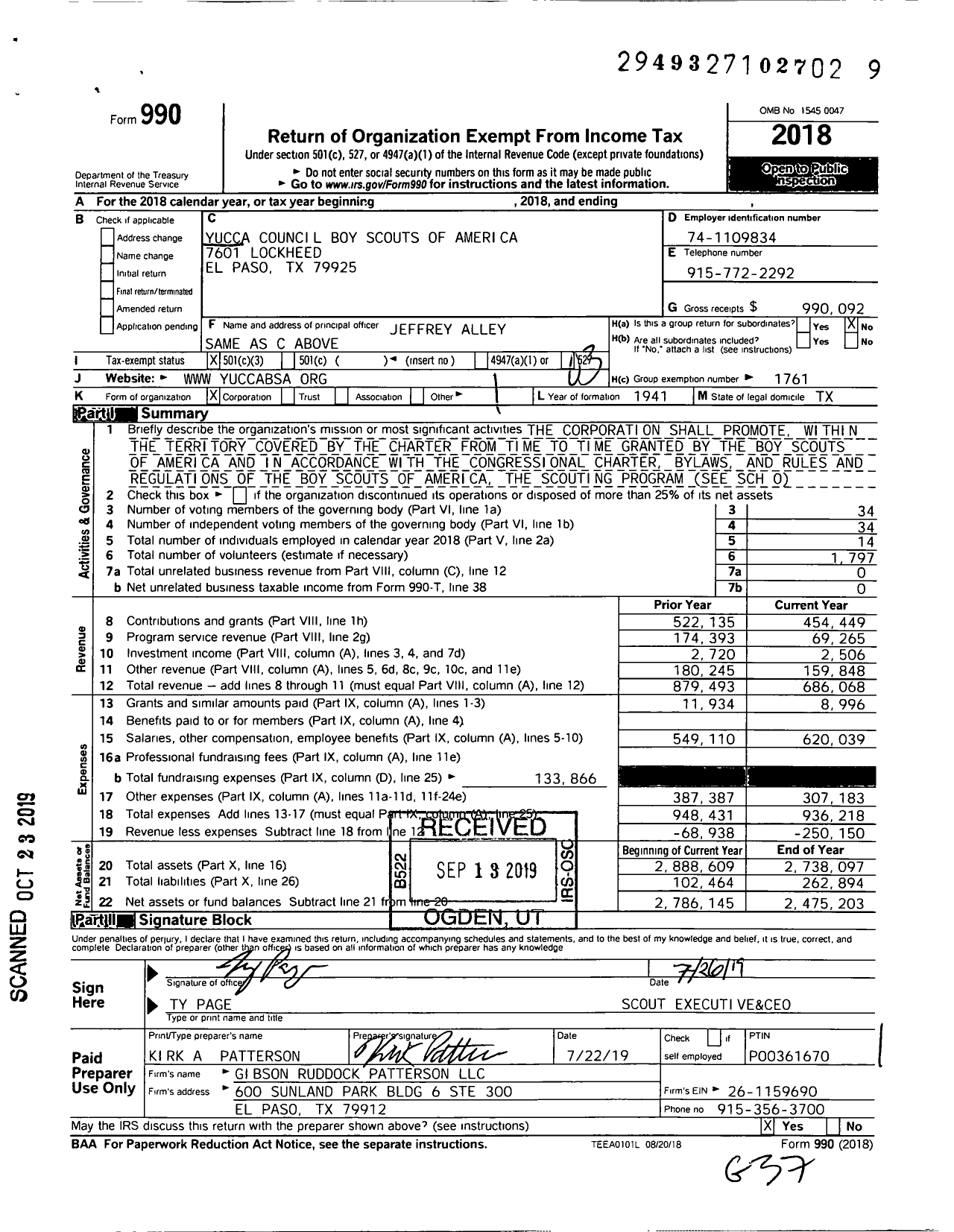 Image of first page of 2018 Form 990 for Boy Scouts of America - 573 Yucca Council