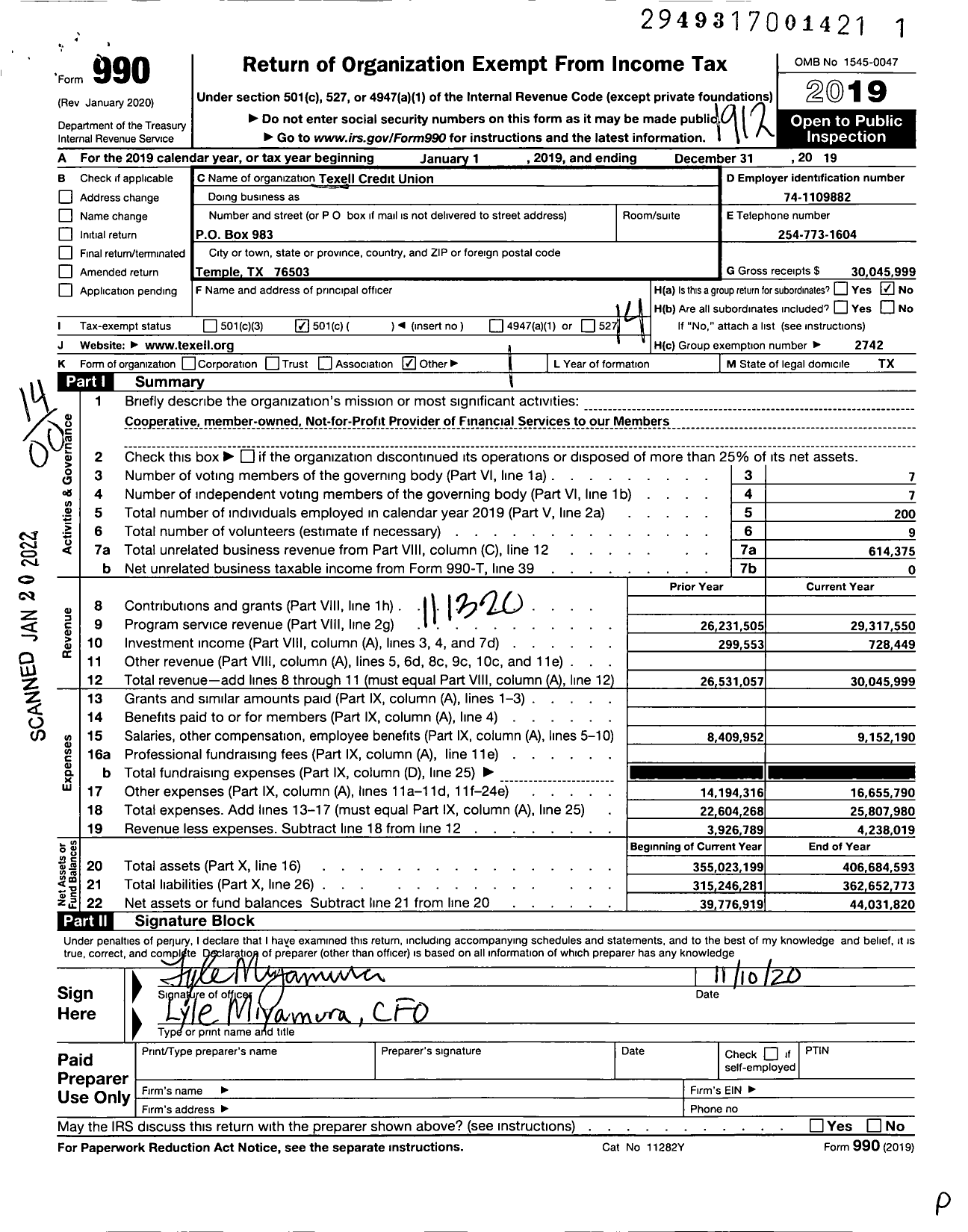 Image of first page of 2019 Form 990O for Texell Credit Union