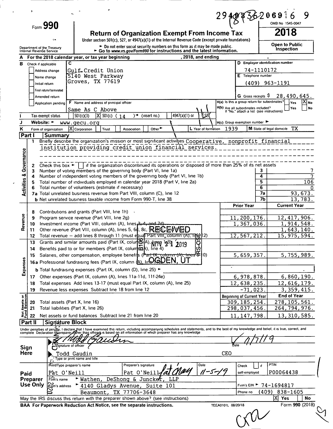 Image of first page of 2018 Form 990O for Gulf Credit Union