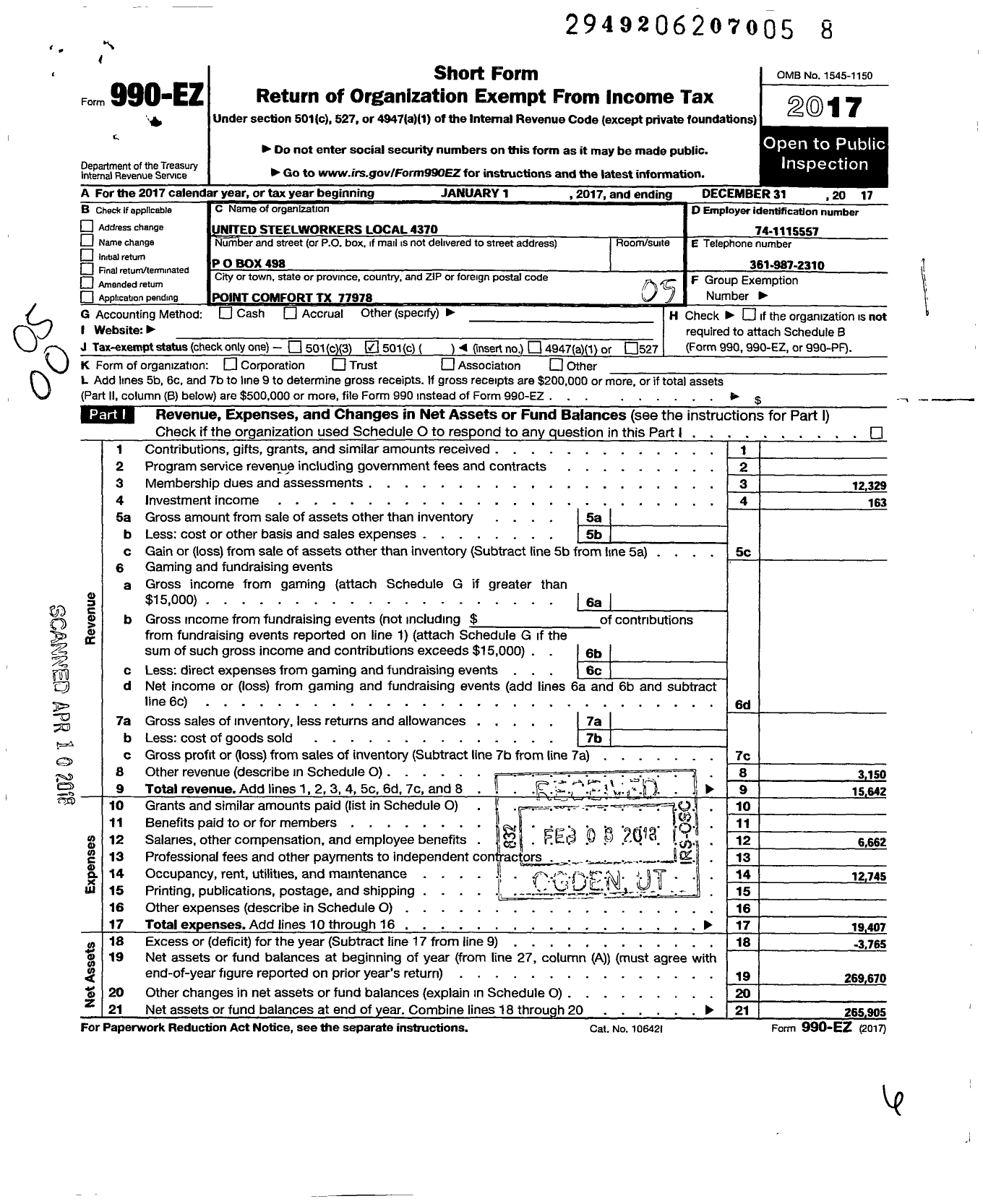 Image of first page of 2017 Form 990EO for United Steelworkers - 04370 Local