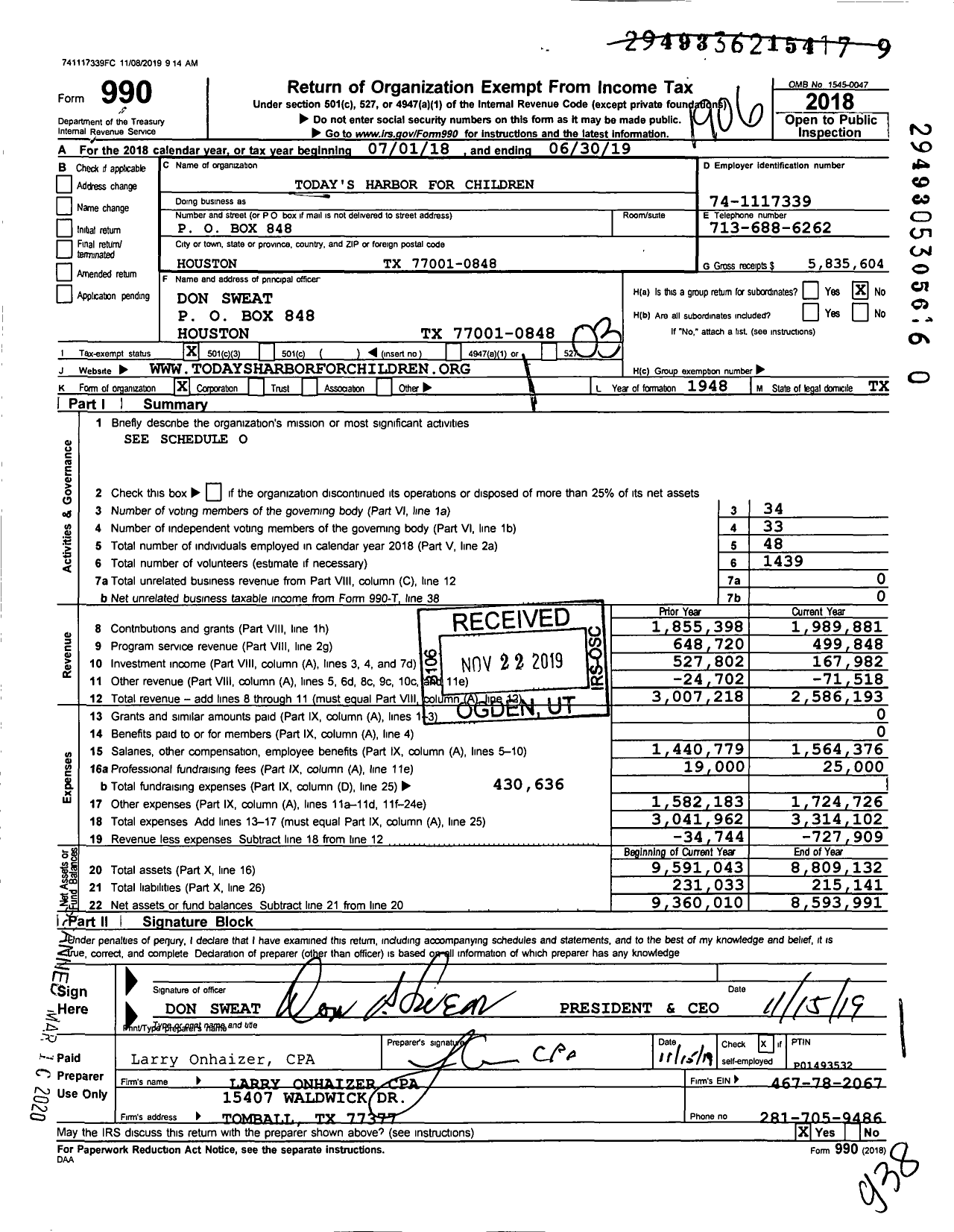Image of first page of 2018 Form 990 for Today's Harbor for Children