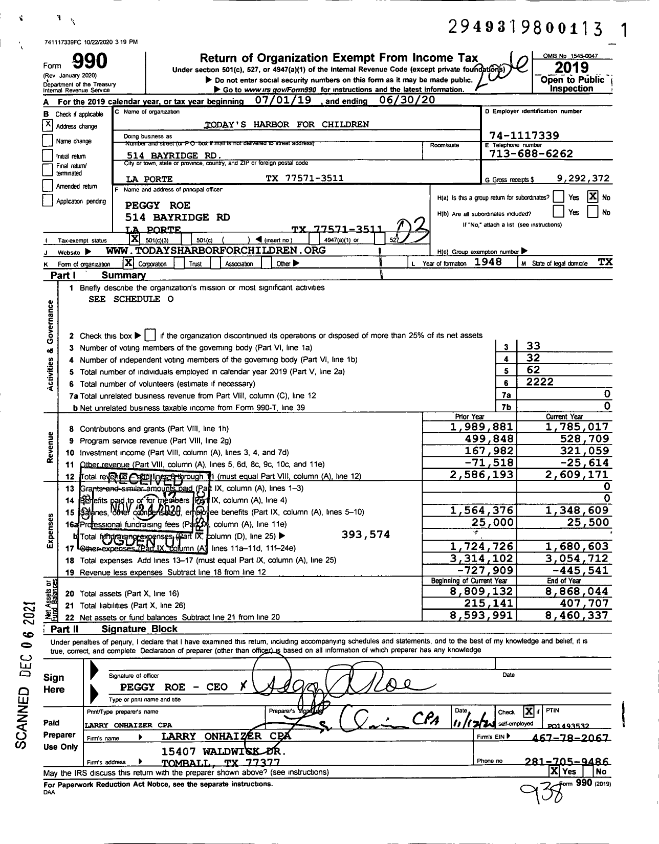 Image of first page of 2019 Form 990 for Today's Harbor for Children