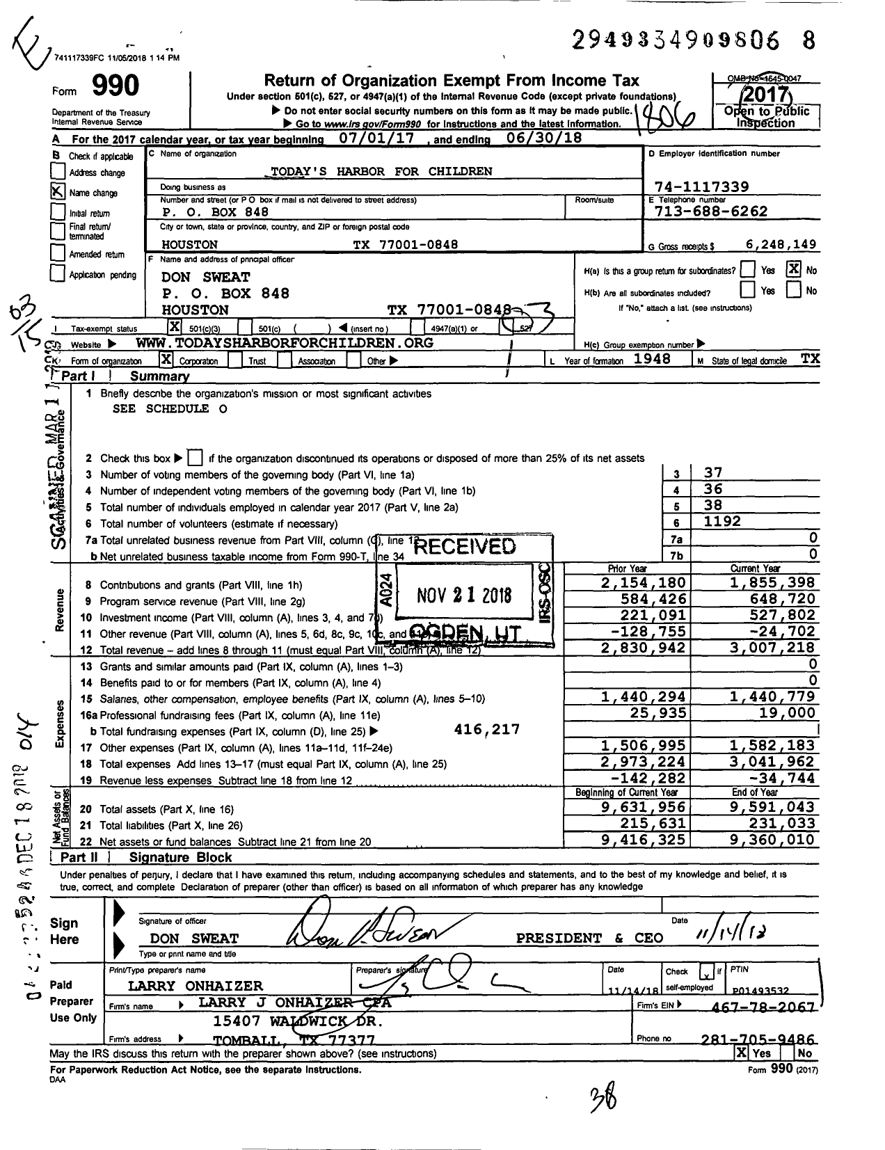 Image of first page of 2017 Form 990 for Today's Harbor for Children