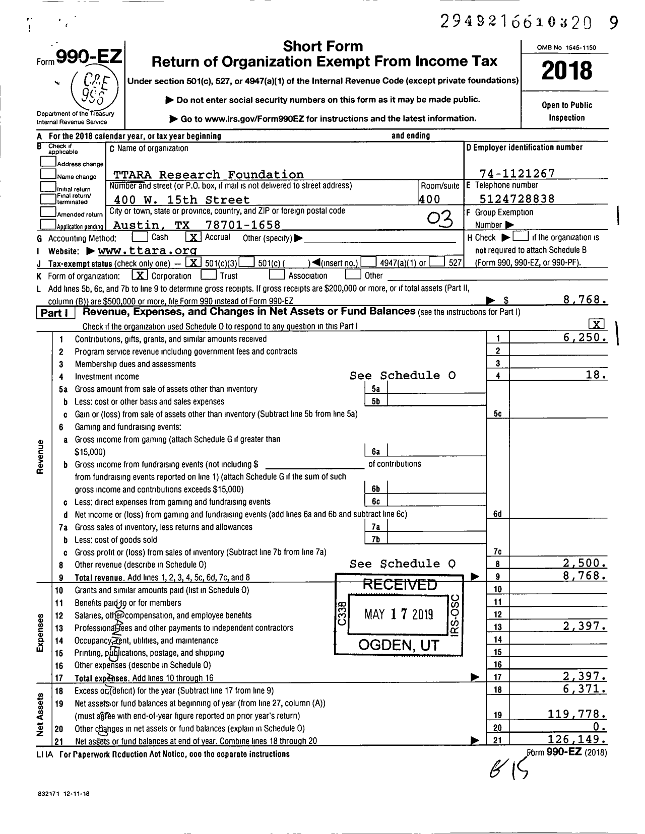 Image of first page of 2018 Form 990EZ for TTARA Research Foundation