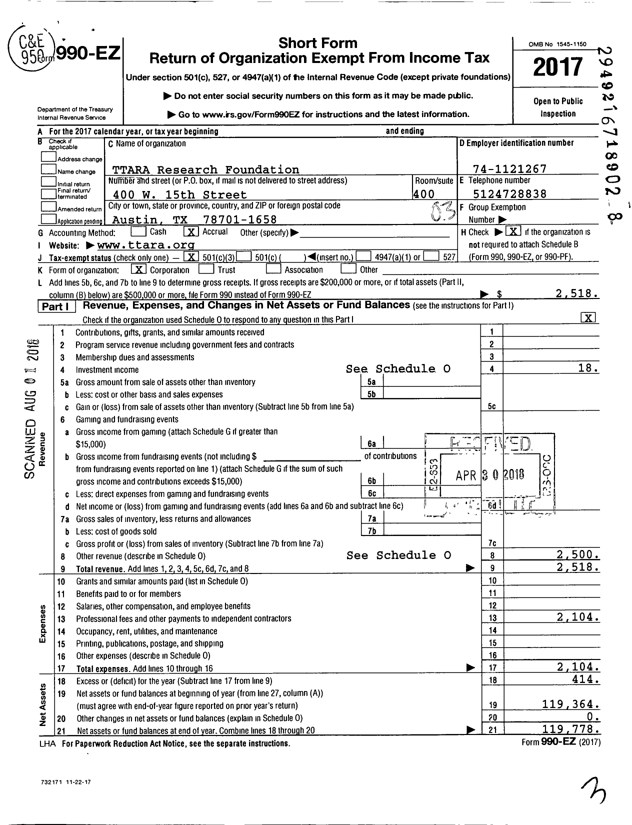 Image of first page of 2017 Form 990EZ for TTARA Research Foundation