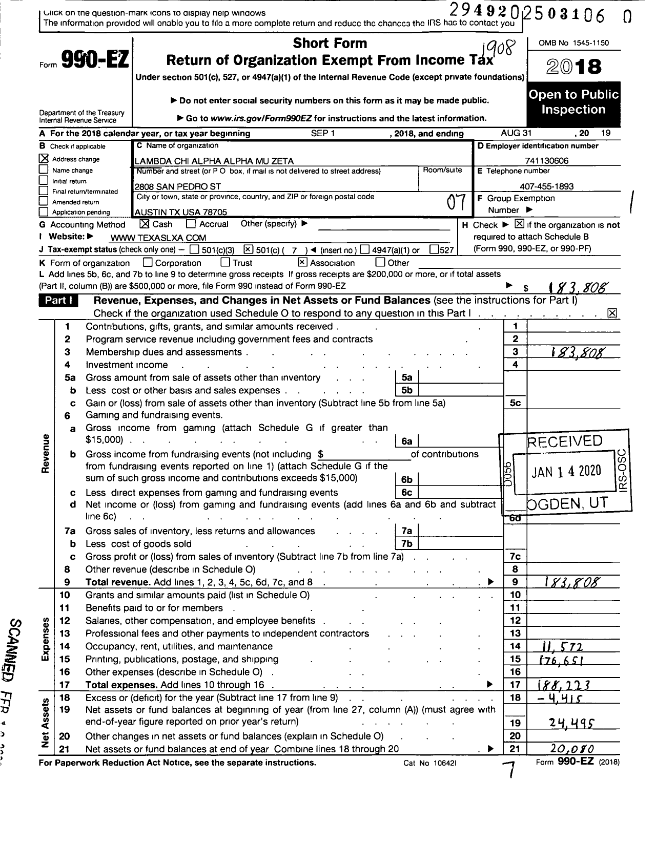 Image of first page of 2018 Form 990EO for Lambda Chi Alpha Fraternity / Alpha Mu