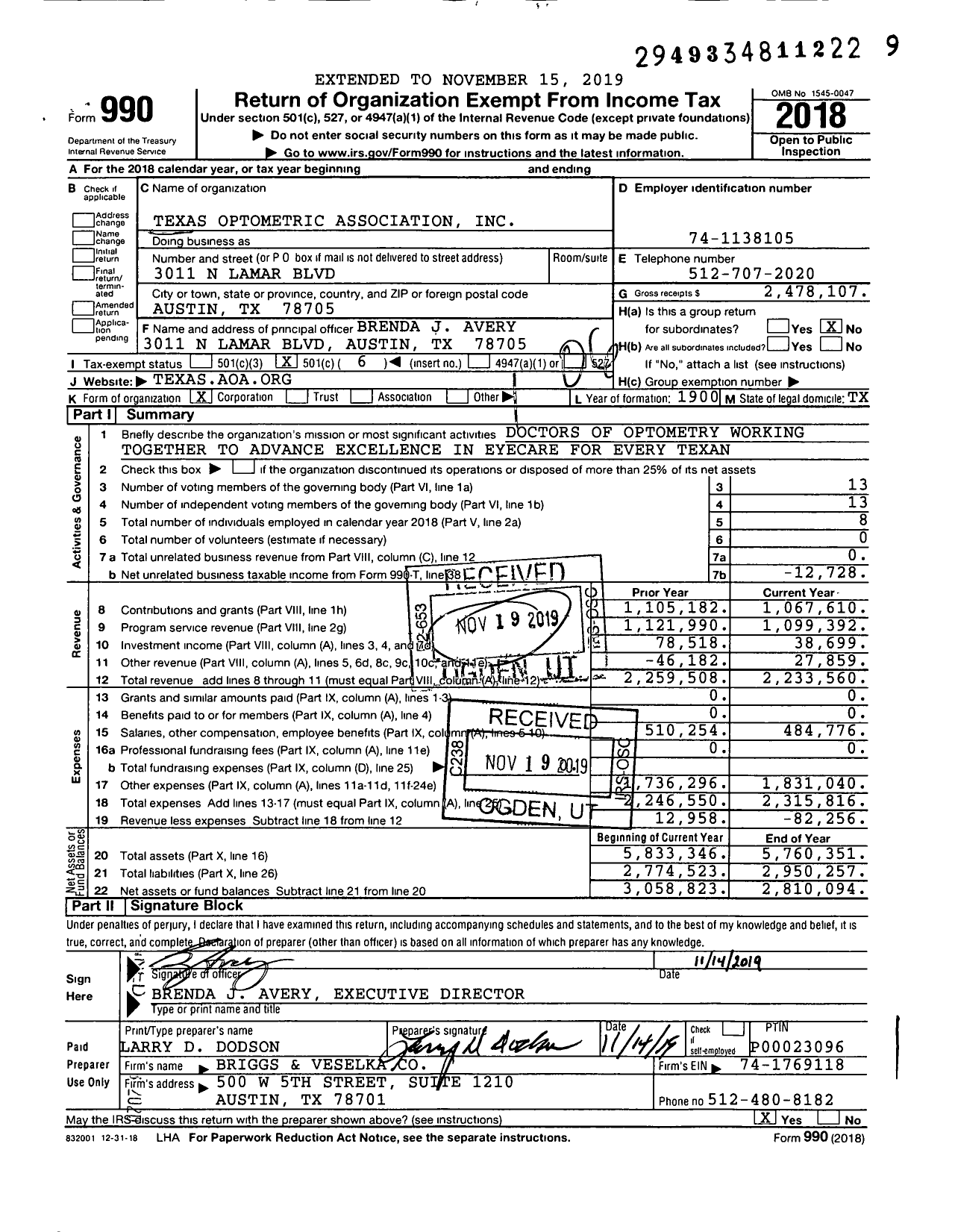 Image of first page of 2018 Form 990O for Texas Optometric Association (TOA)