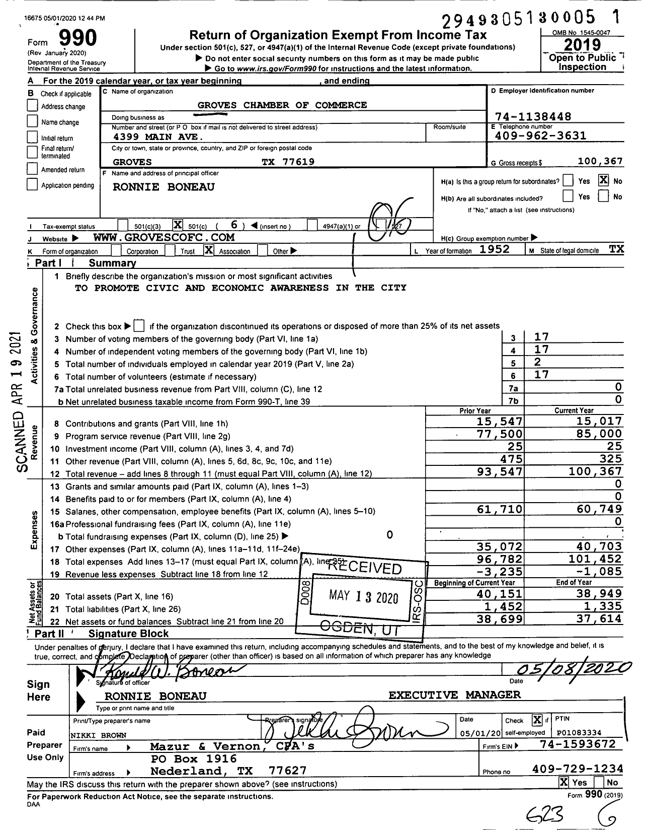 Image of first page of 2019 Form 990O for Groves Chamber of Commerce