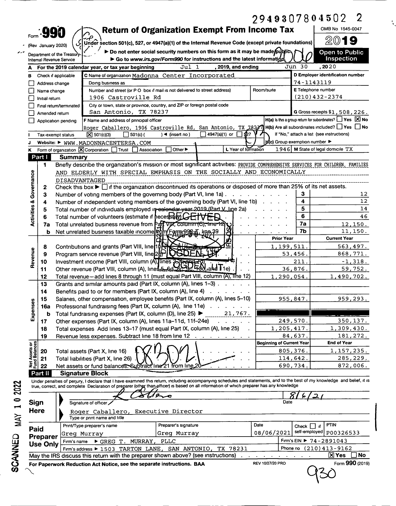 Image of first page of 2019 Form 990 for Madonna Center Incorporated