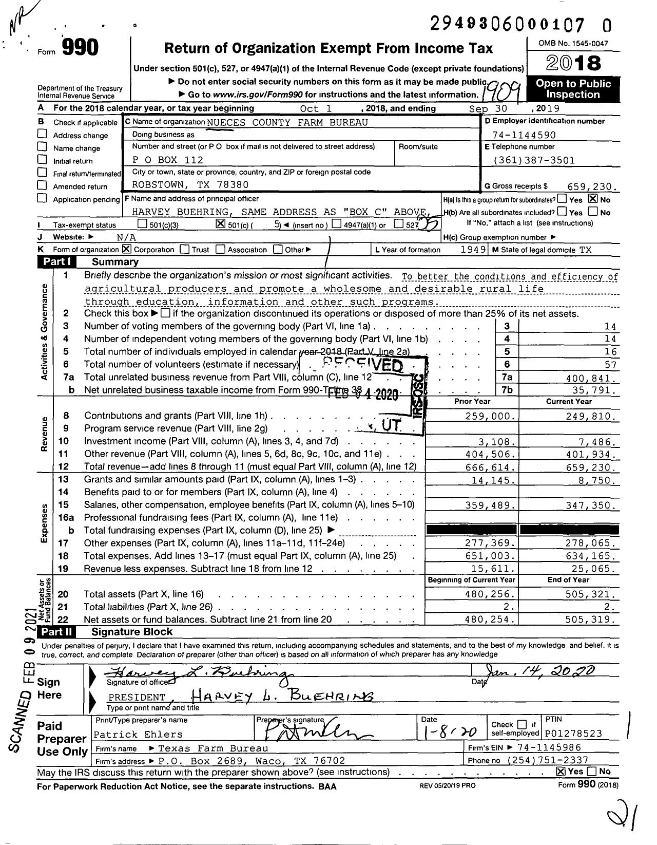 Image of first page of 2018 Form 990O for Nueces County Farm Bureau