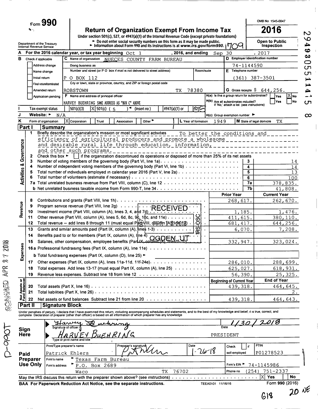Image of first page of 2016 Form 990O for Nueces County Farm Bureau