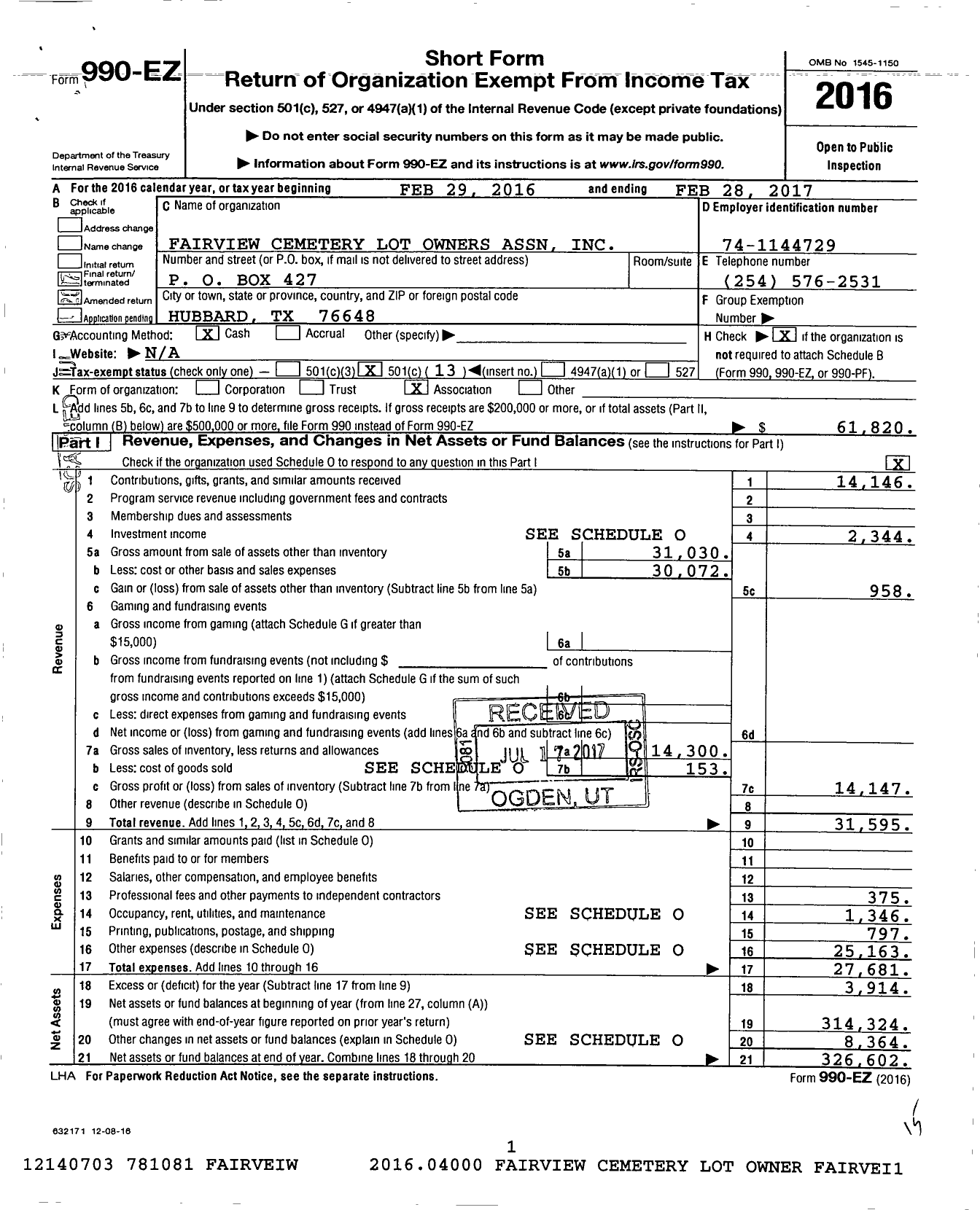 Image of first page of 2016 Form 990EO for Fairview Cemetery Lot Owners Association