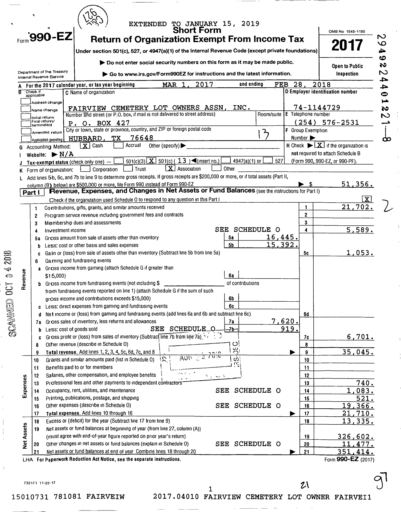 Image of first page of 2017 Form 990EO for Fairview Cemetery Lot Owners Association