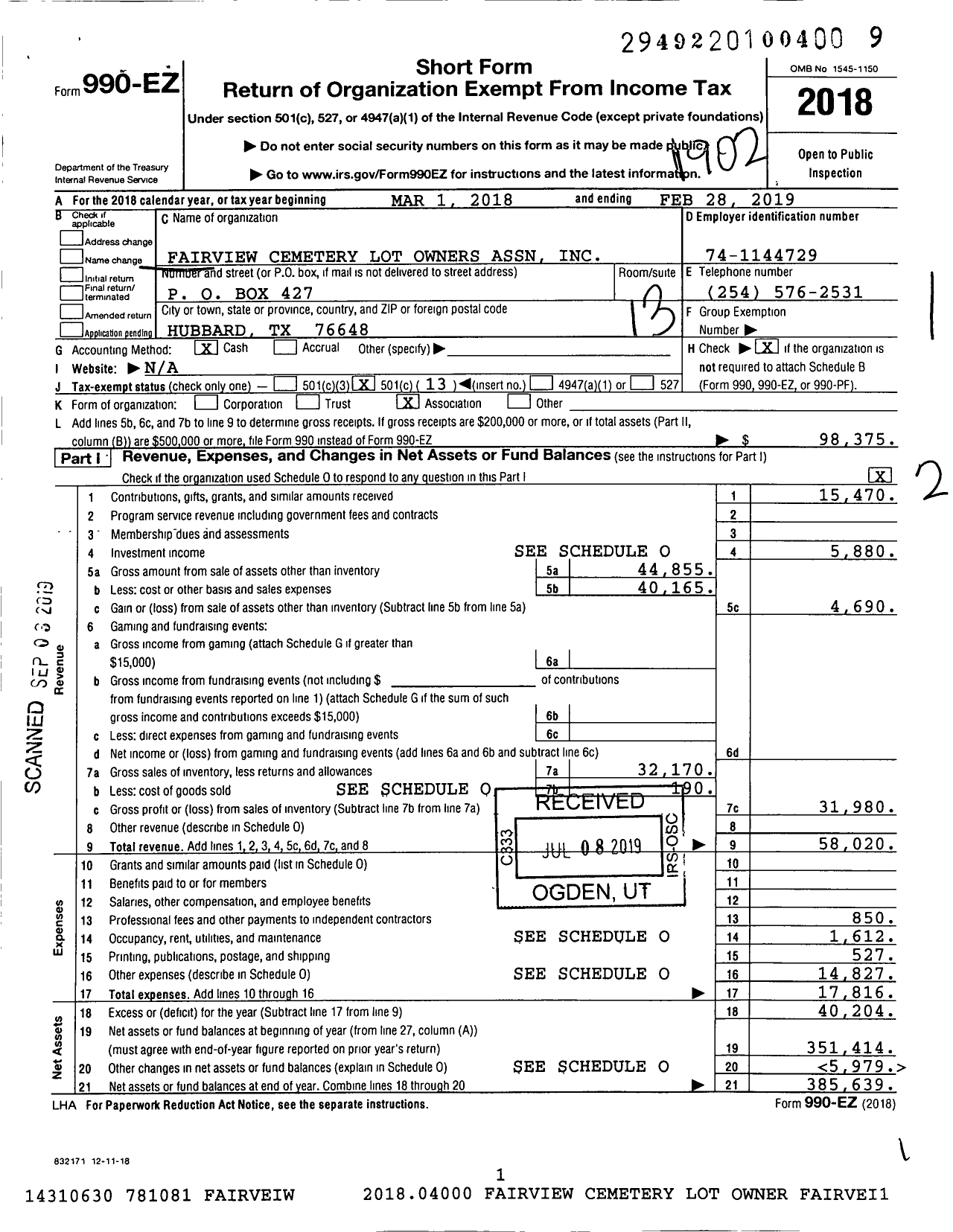 Image of first page of 2018 Form 990EO for Fairview Cemetery Lot Owners Association