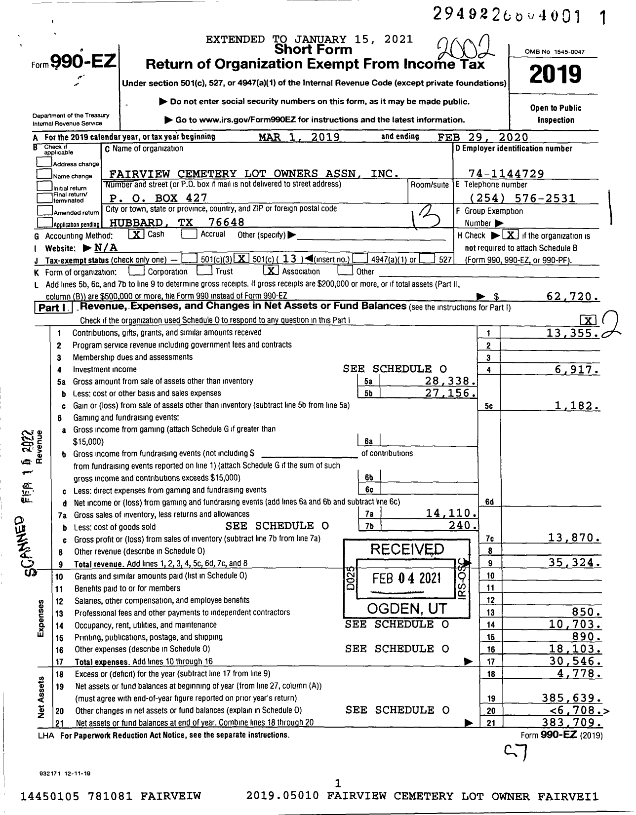 Image of first page of 2019 Form 990EO for Fairview Cemetery Lot Owners Association