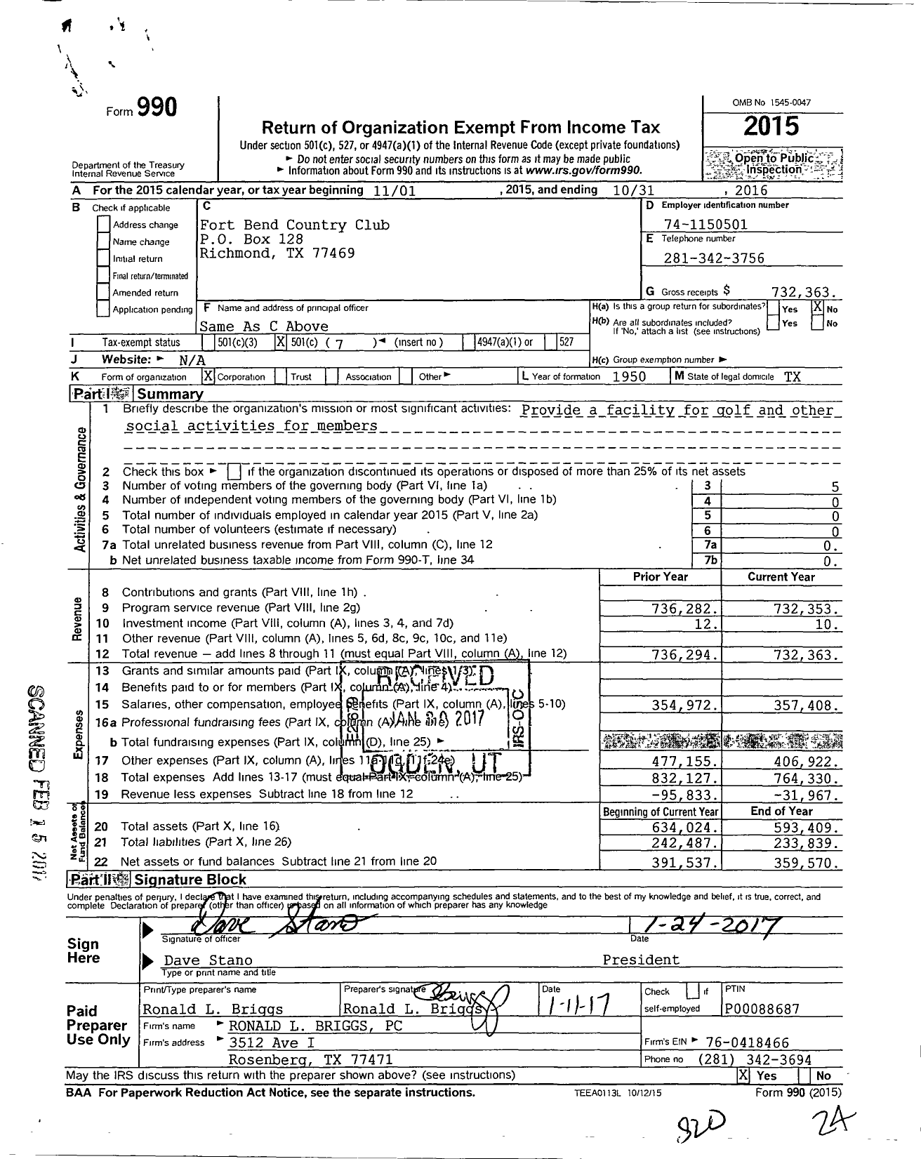 Image of first page of 2015 Form 990O for Fort Bend Country Club