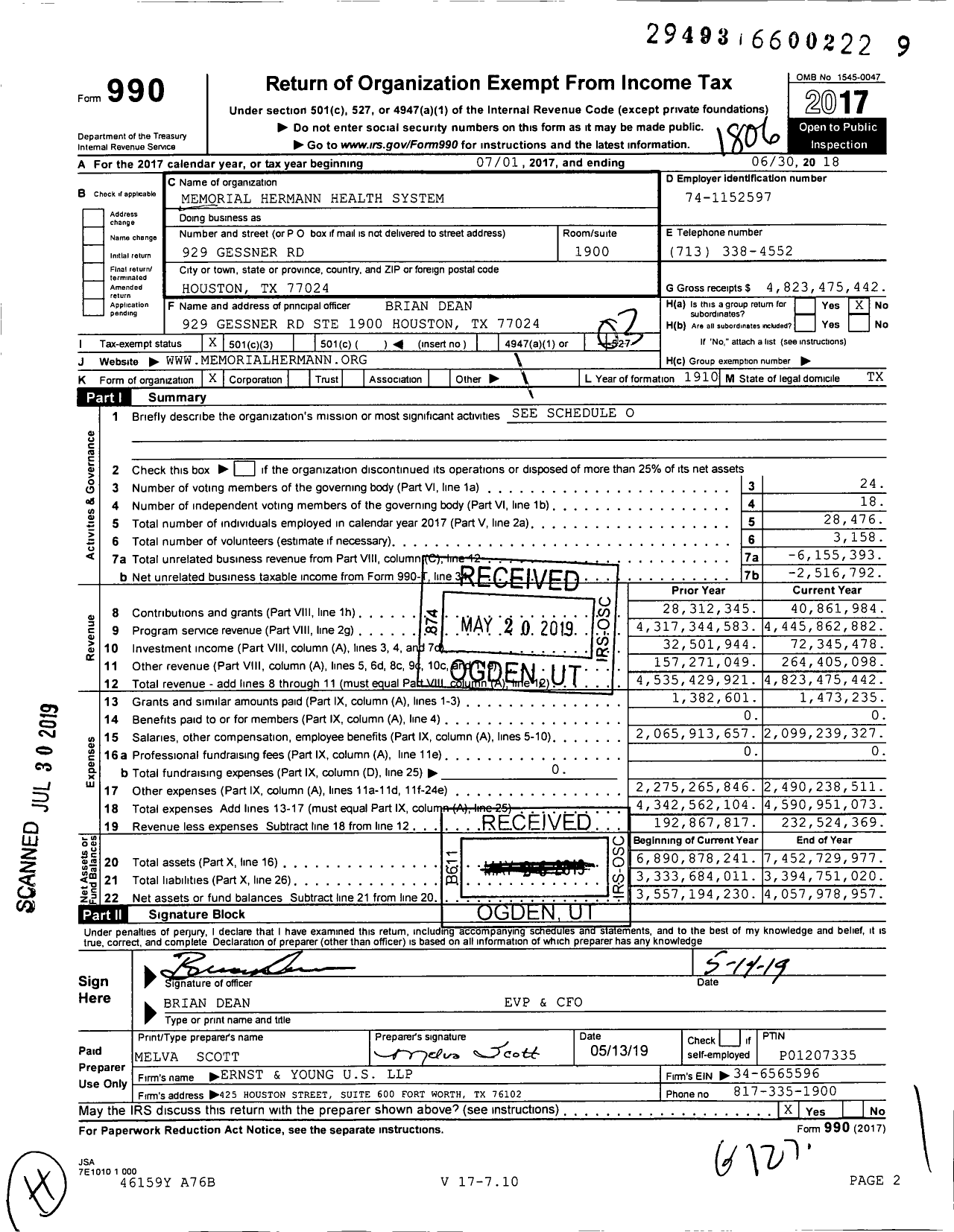 Image of first page of 2017 Form 990 for Memorial Hermann Health System