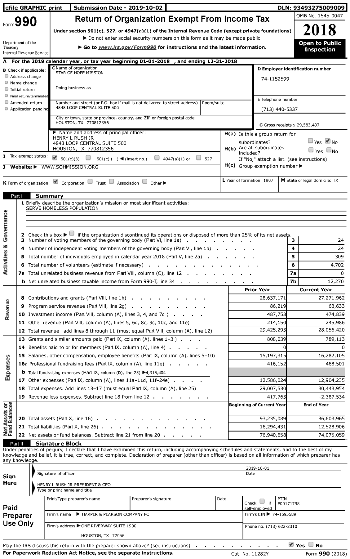 Image of first page of 2018 Form 990 for Star of Hope Mission