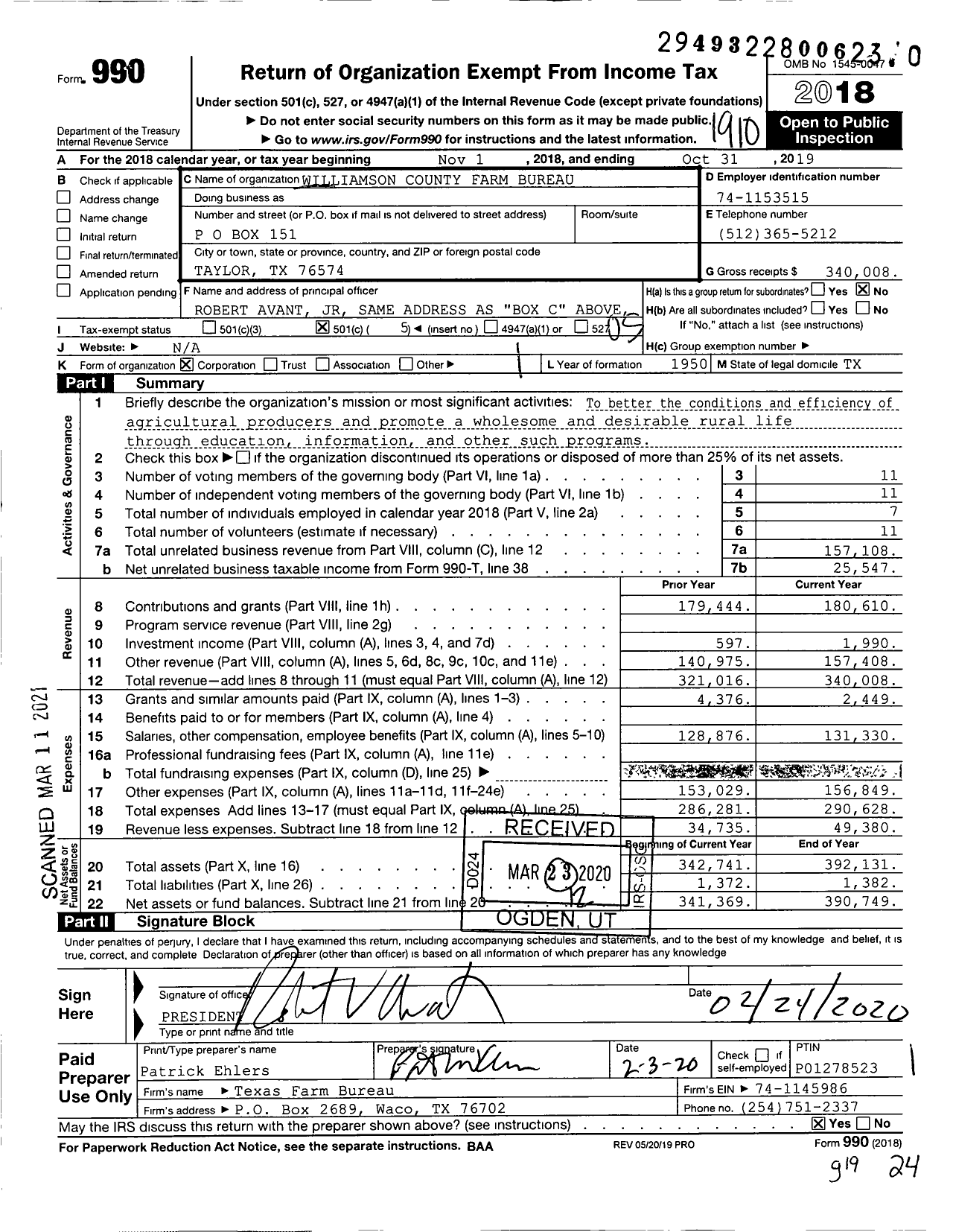 Image of first page of 2018 Form 990O for Williamson County Farm Bureau