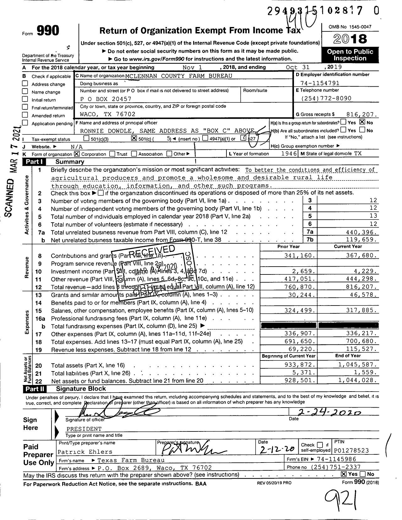 Image of first page of 2018 Form 990O for Mclennan County Farm Bureau