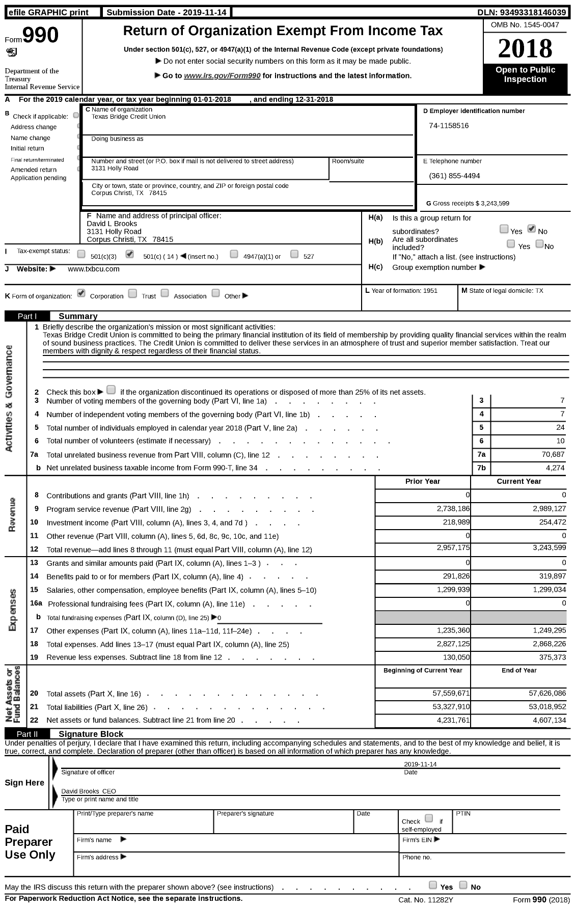 Image of first page of 2018 Form 990 for Texas Bridge Credit Union