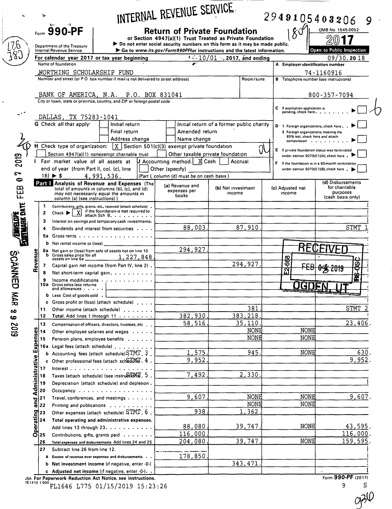 Image of first page of 2017 Form 990PF for Worthing Scholarship Fund