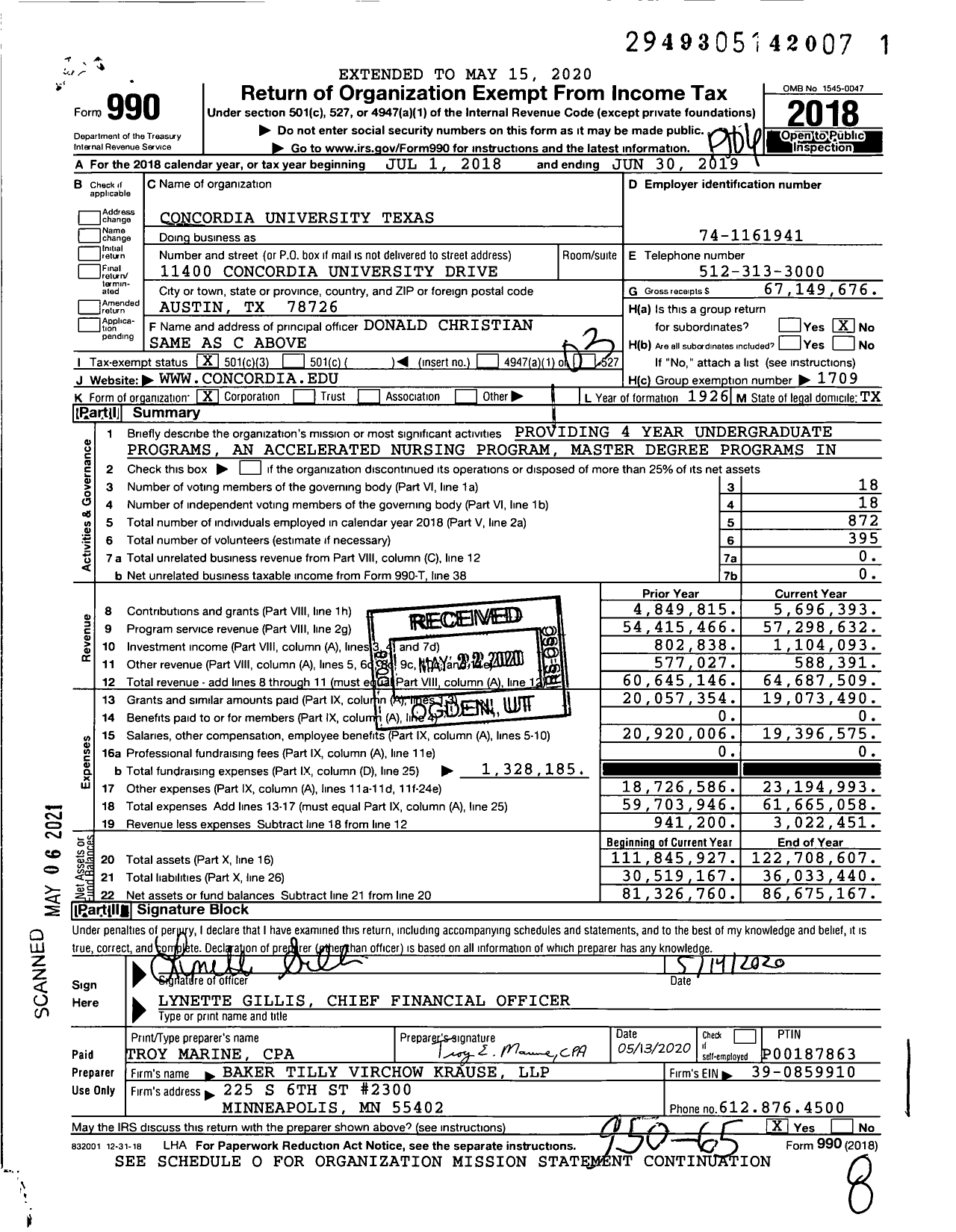 Image of first page of 2018 Form 990 for Concordia University Texas