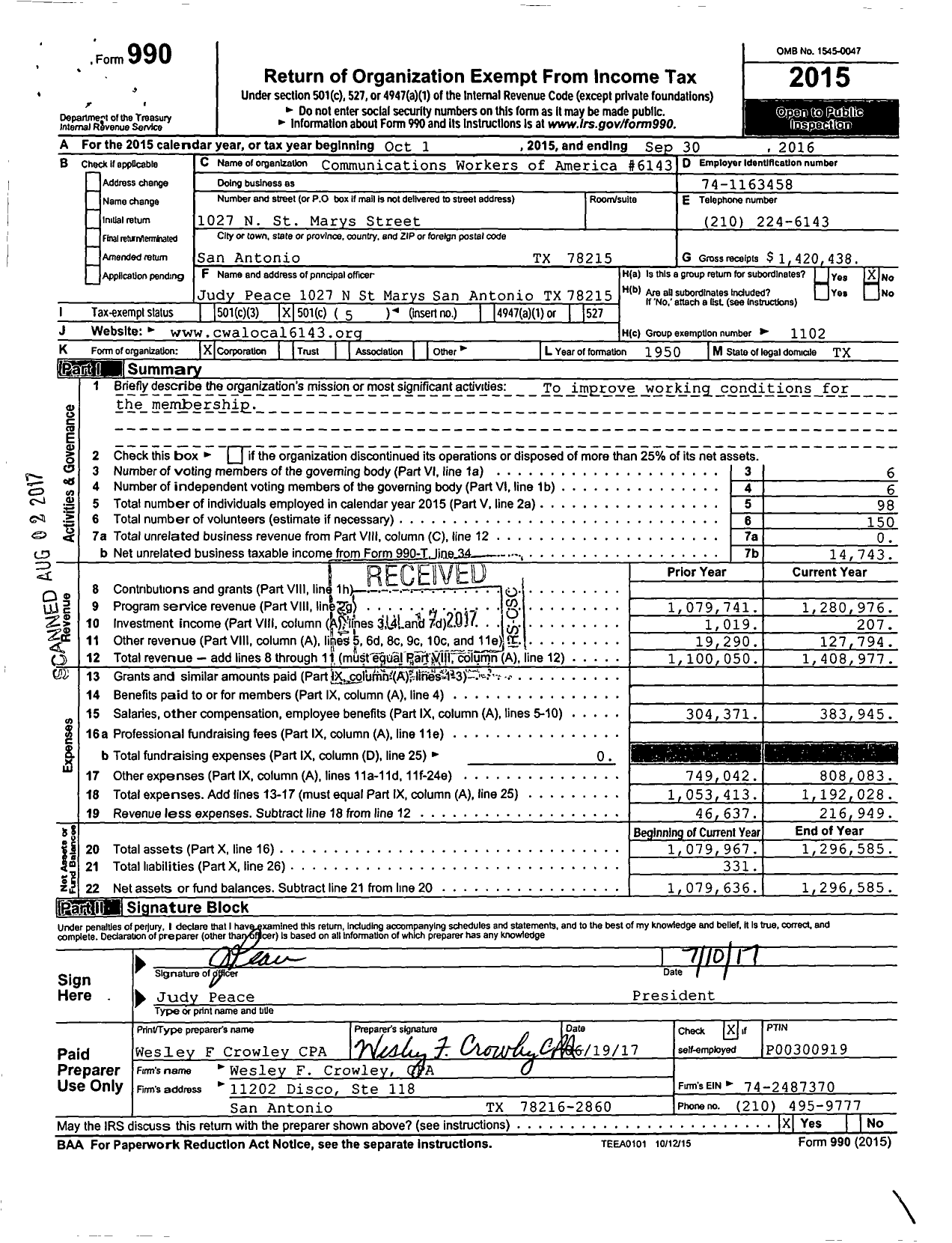 Image of first page of 2015 Form 990O for Communications Workers of America - 6143 Local