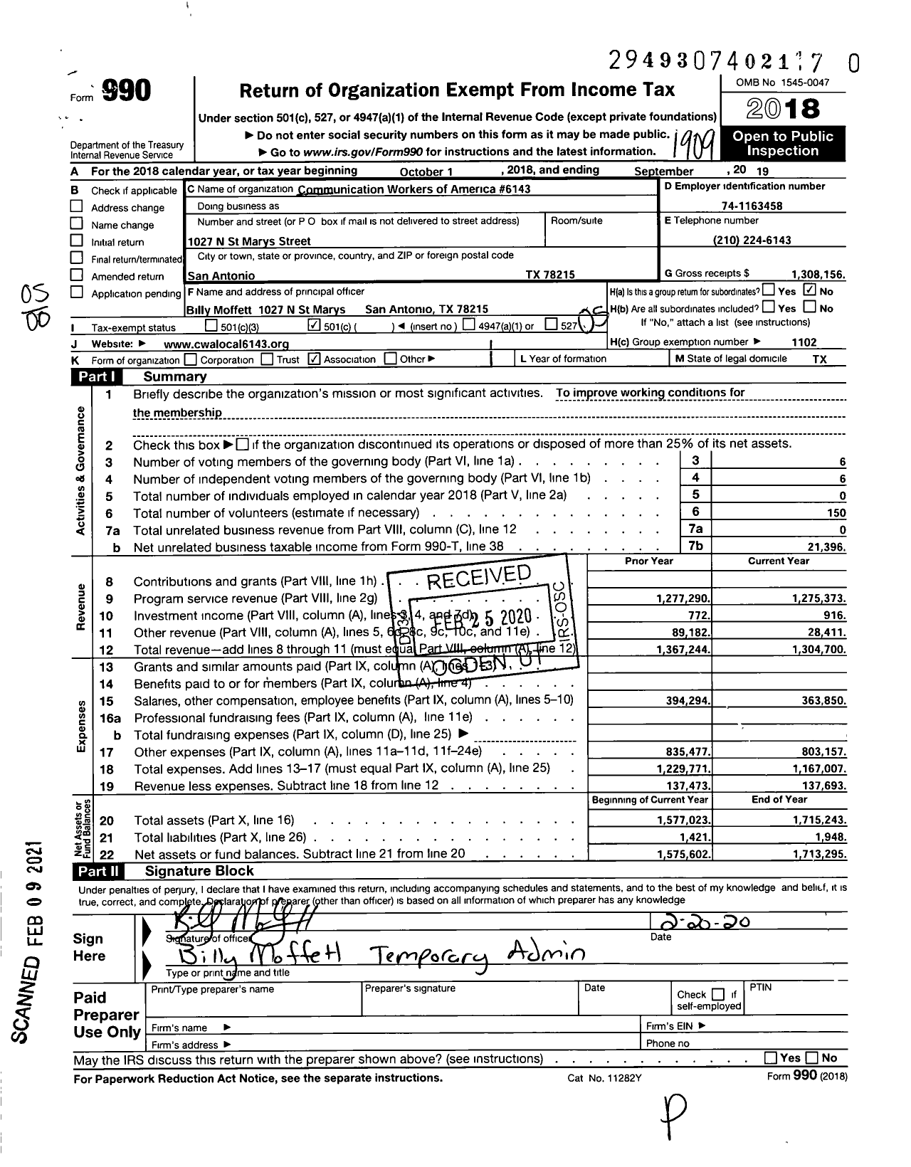 Image of first page of 2018 Form 990O for Communications Workers of America - 6143 Local