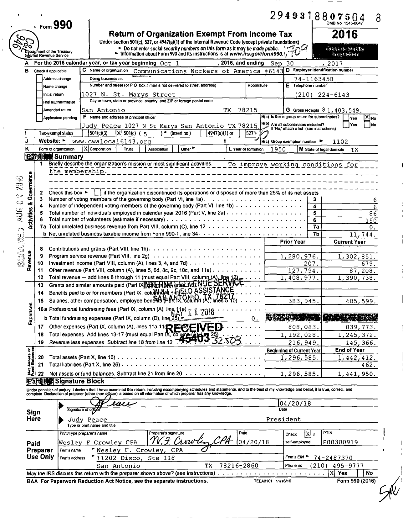 Image of first page of 2016 Form 990O for Communications Workers of America - 6143 Local