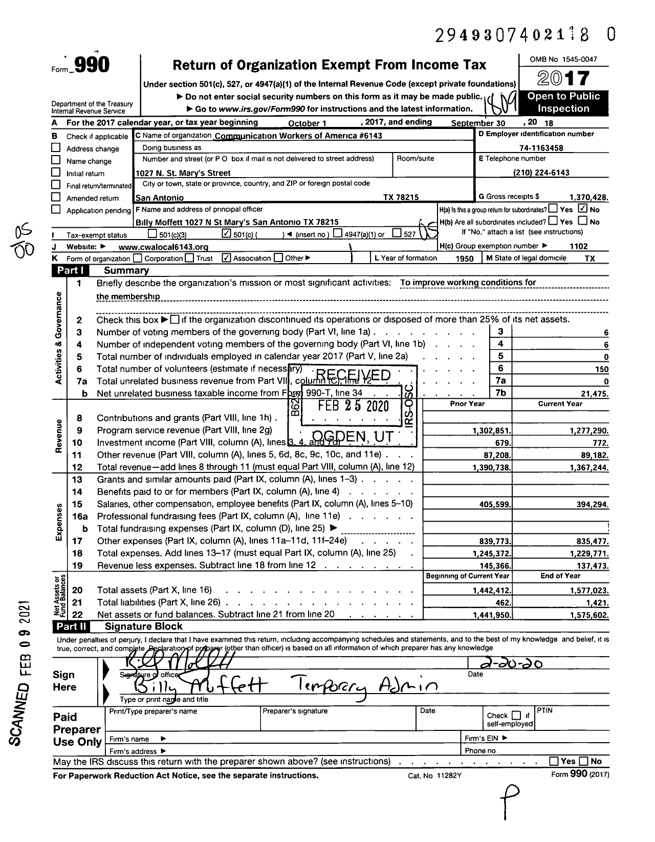 Image of first page of 2017 Form 990O for Communications Workers of America - 6143 Local