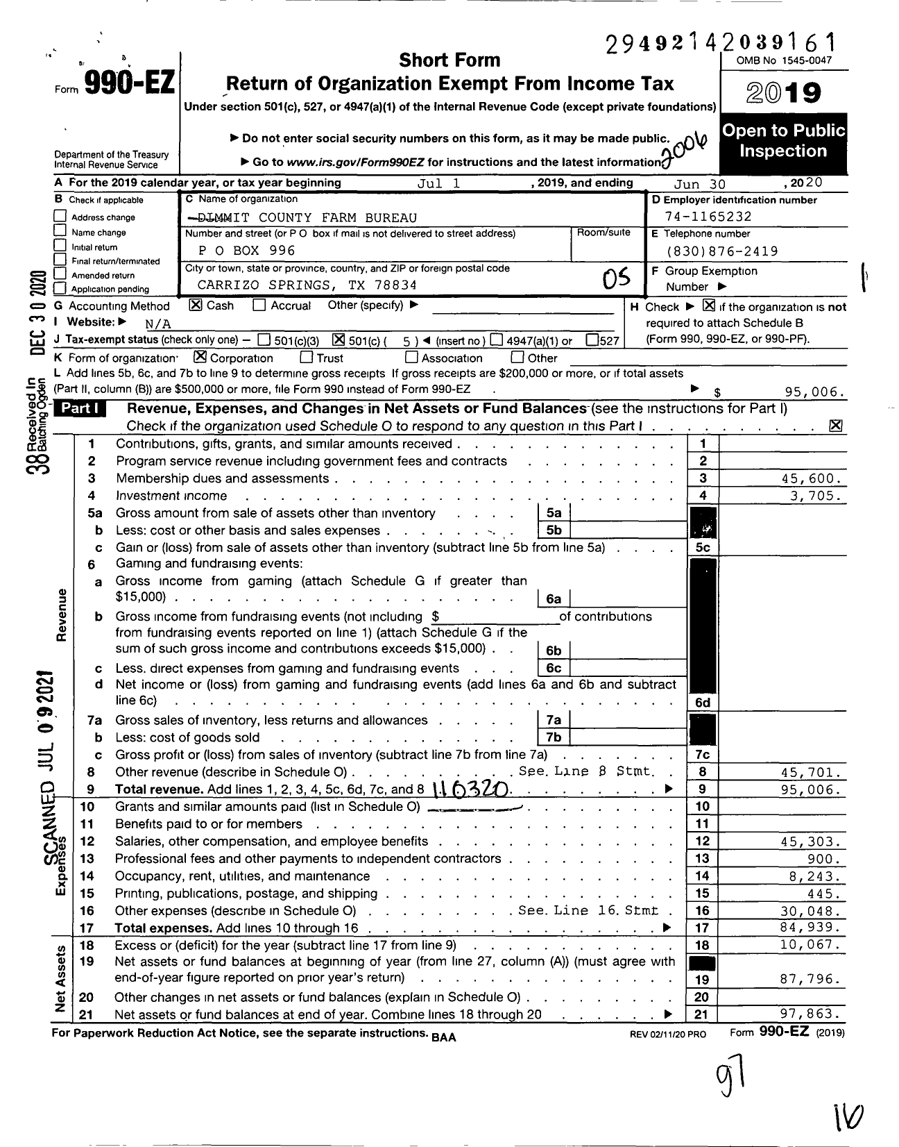 Image of first page of 2019 Form 990EO for Dimmit County Farm Bureau