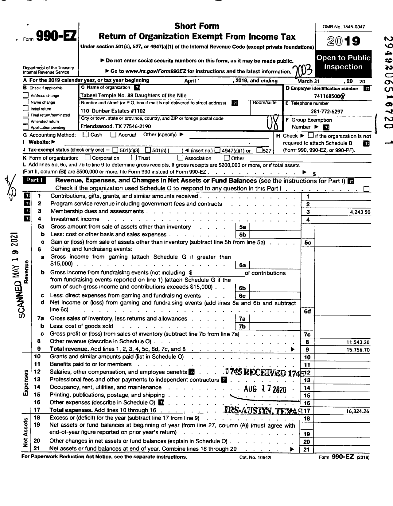 Image of first page of 2019 Form 990EO for Daughters of the Nile - 88 Tabeel